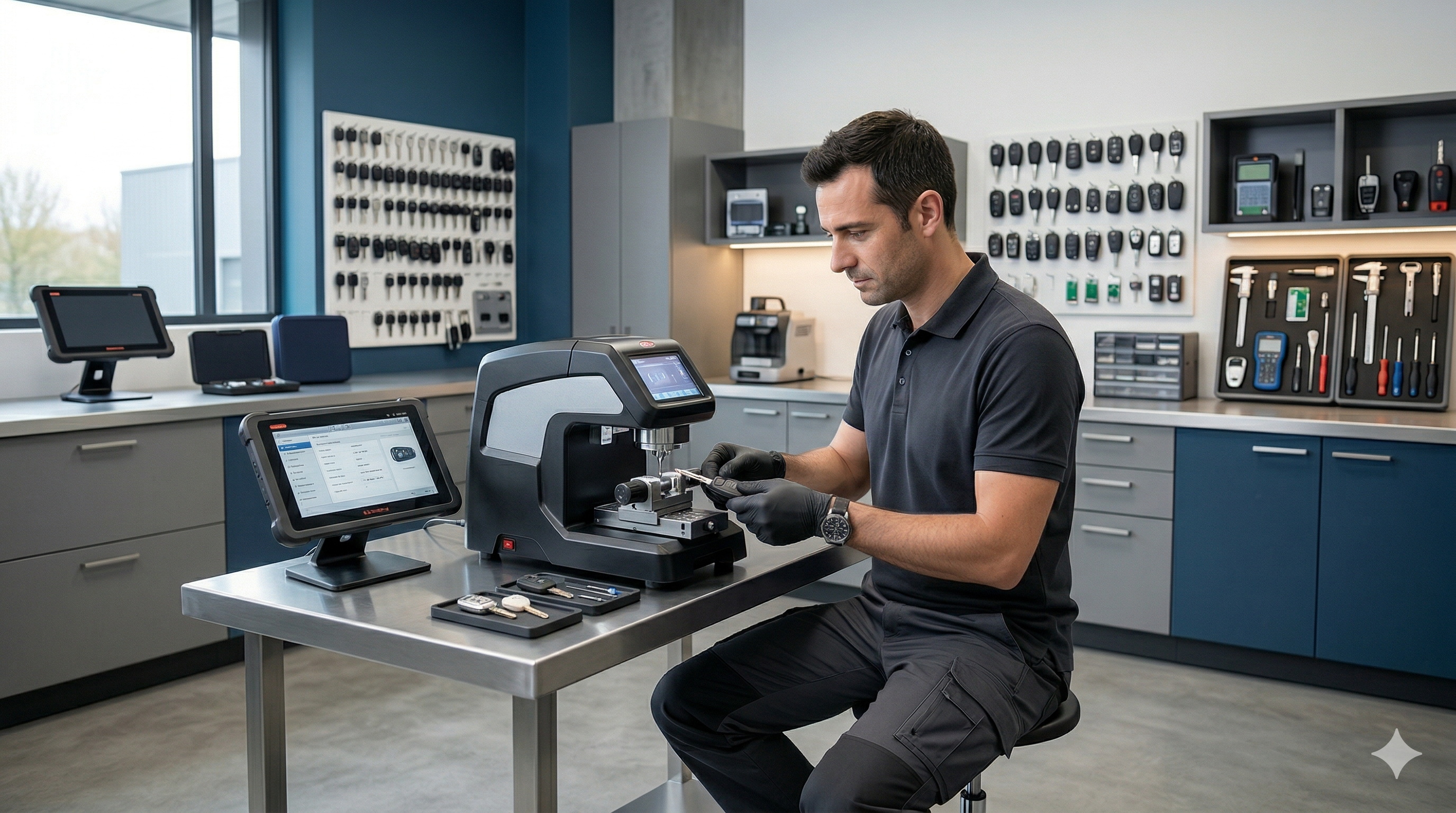 Technicien serrurier automobile dans un atelier moderne de reproduction de clés
